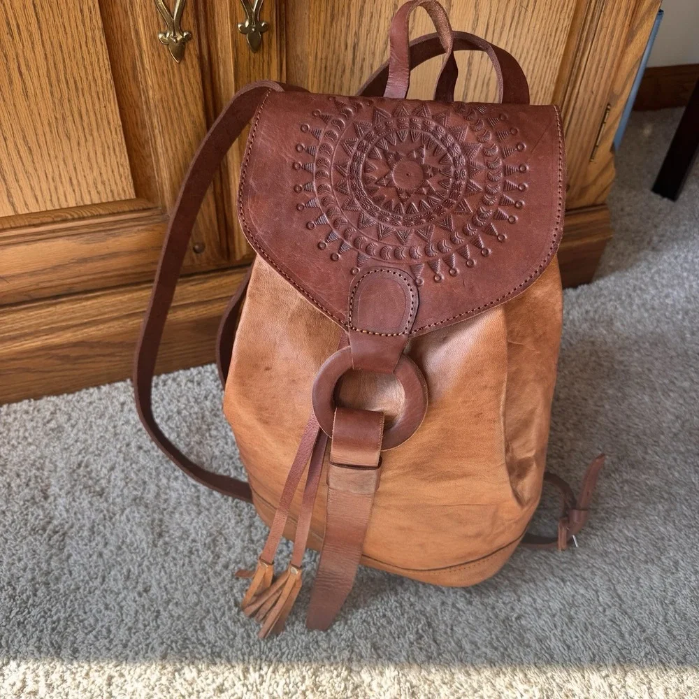 Hand-Tooled Genuine Leather Backpack / Bag Brown~ Adjustable Straps ~ Cinch Top